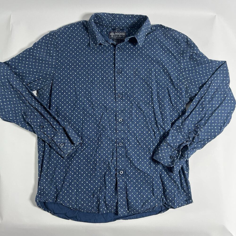 American‎ Rag Cie Men's Blue Floral Woven Cotton Button-Up Shirt LS Pockets L